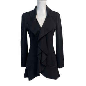 St. John Caviar Cardigan Blazer Jacket Size 6 Black Open Front Waterfall Ruffle